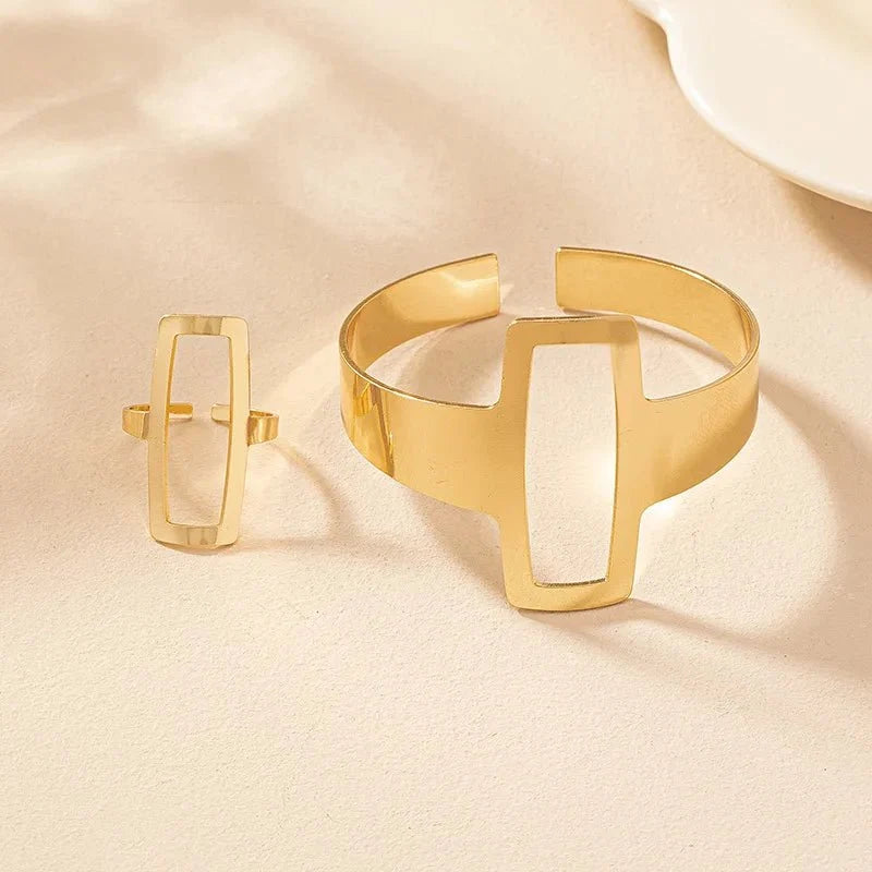 Set ajustable geométrico de pulsera y anillo rectangular