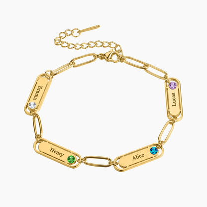 Pulsera delicada de eslabones clip con nombre y piedra de nacimiento