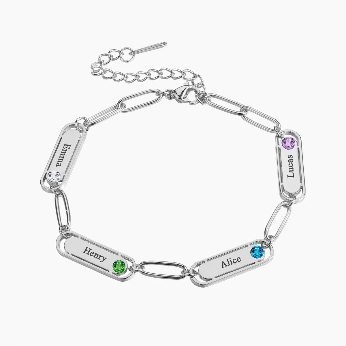 Pulsera delicada de eslabones clip con nombre y piedra de nacimiento