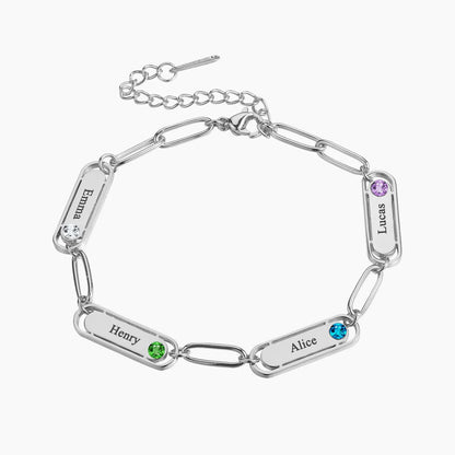 Pulsera delicada de eslabones clip con nombre y piedra de nacimiento