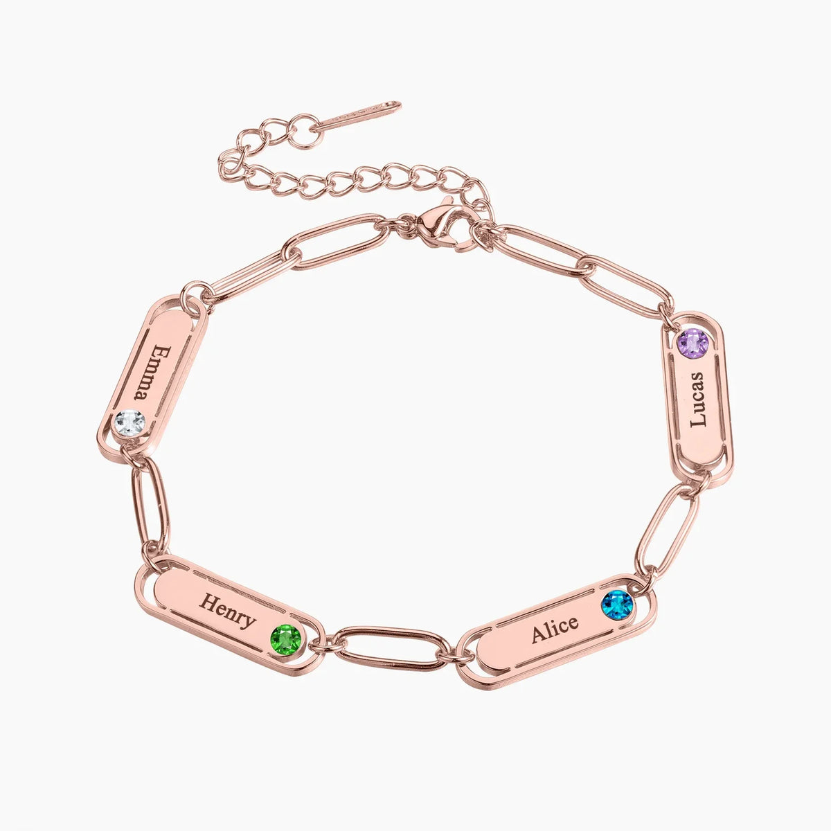 Pulsera delicada de eslabones clip con nombre y piedra de nacimiento