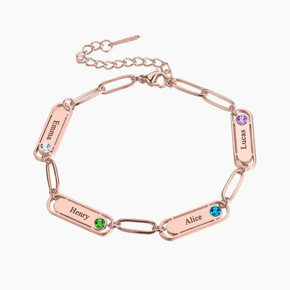 Pulsera delicada de eslabones clip con nombre y piedra de nacimiento