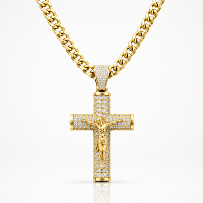 Cadena Doble Figaro y Crucifijo de Oro 14K