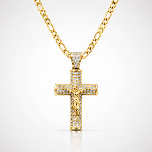 Cadena Doble Figaro y Crucifijo de Oro 14K