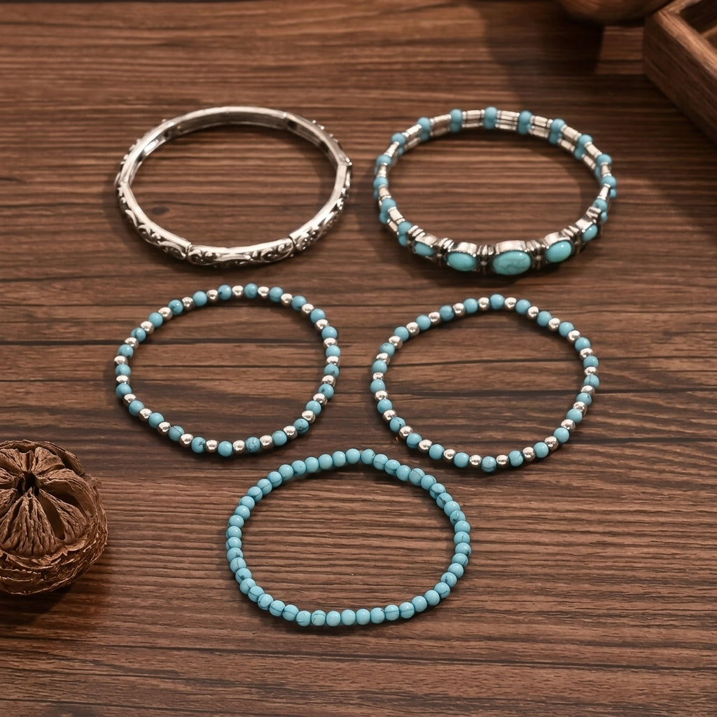 Set de 5 pulseras bohemias de turquesa apilables