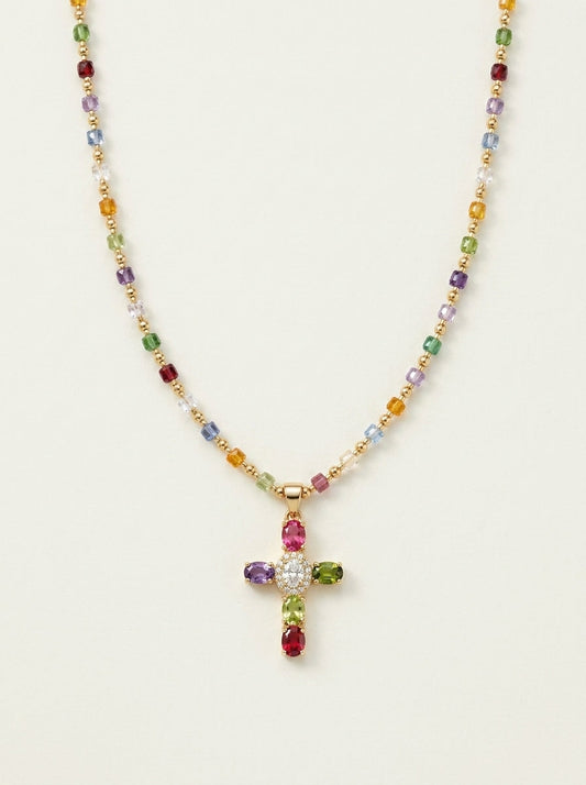 Collar Delicado de Cruz con Gemas de Colores