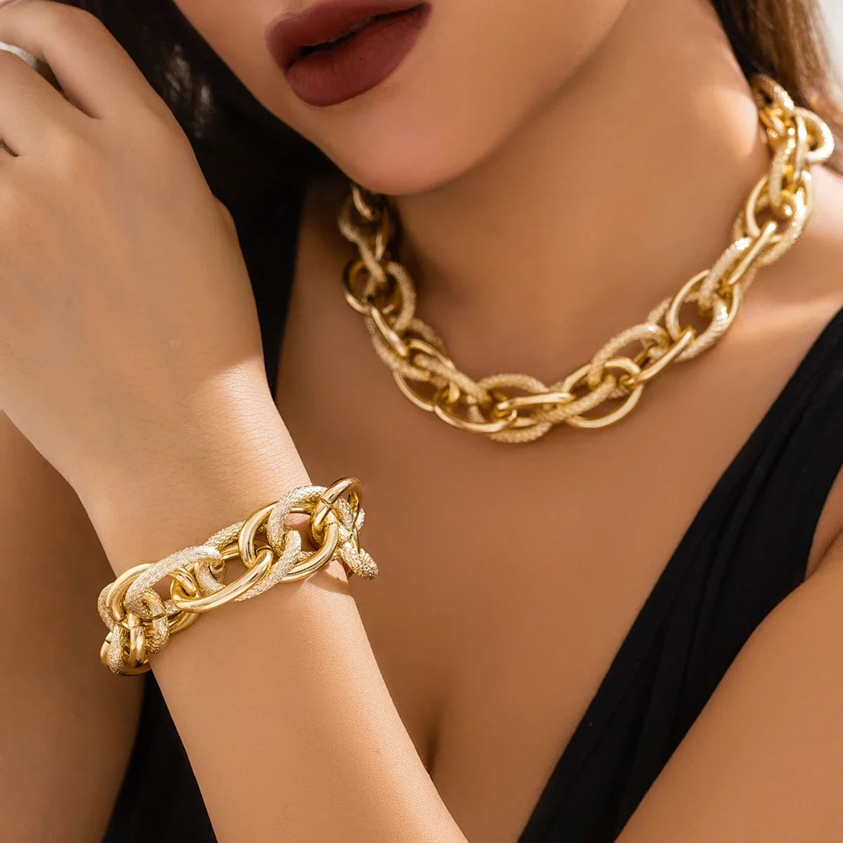 Set de pulsera y collar de doble cadena tejida gruesa