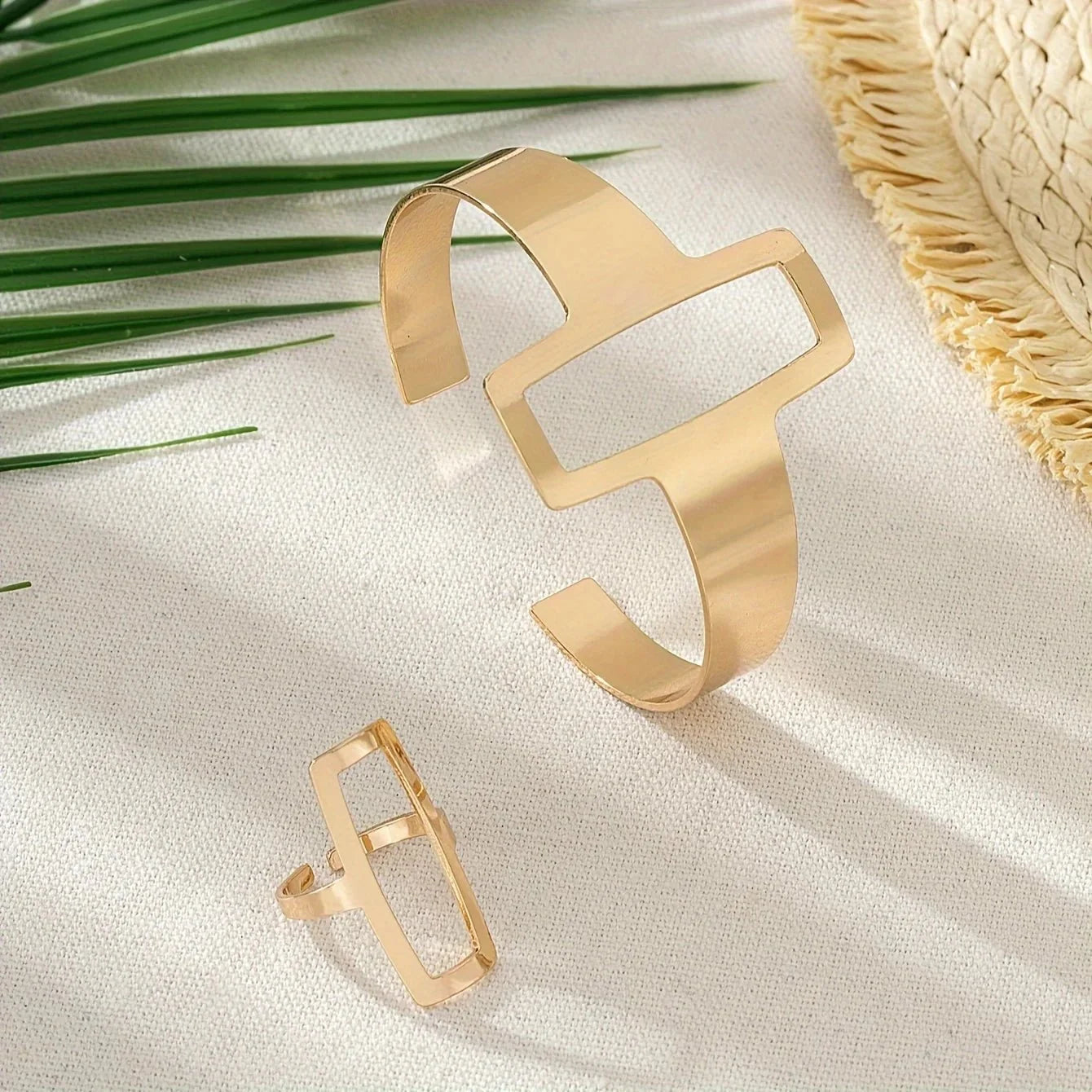 Set ajustable geométrico de pulsera y anillo rectangular
