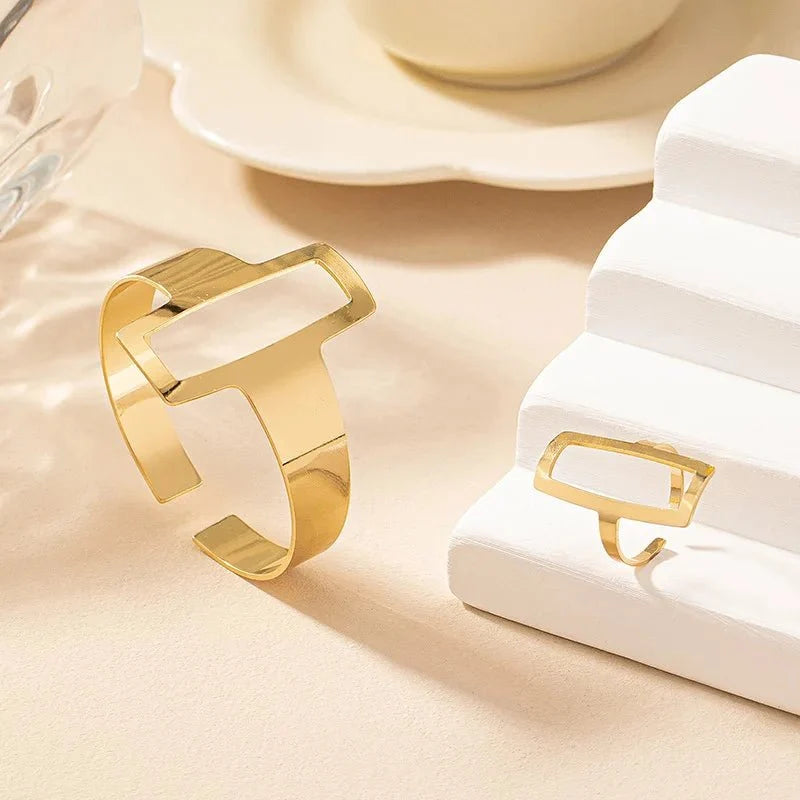 Set ajustable geométrico de pulsera y anillo rectangular