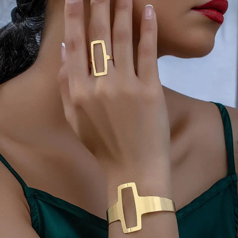 Set ajustable geométrico de pulsera y anillo rectangular