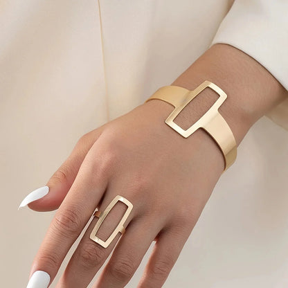 Set ajustable geométrico de pulsera y anillo rectangular