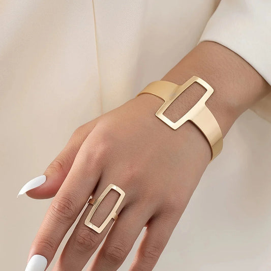 Set ajustable geométrico de pulsera y anillo rectangular