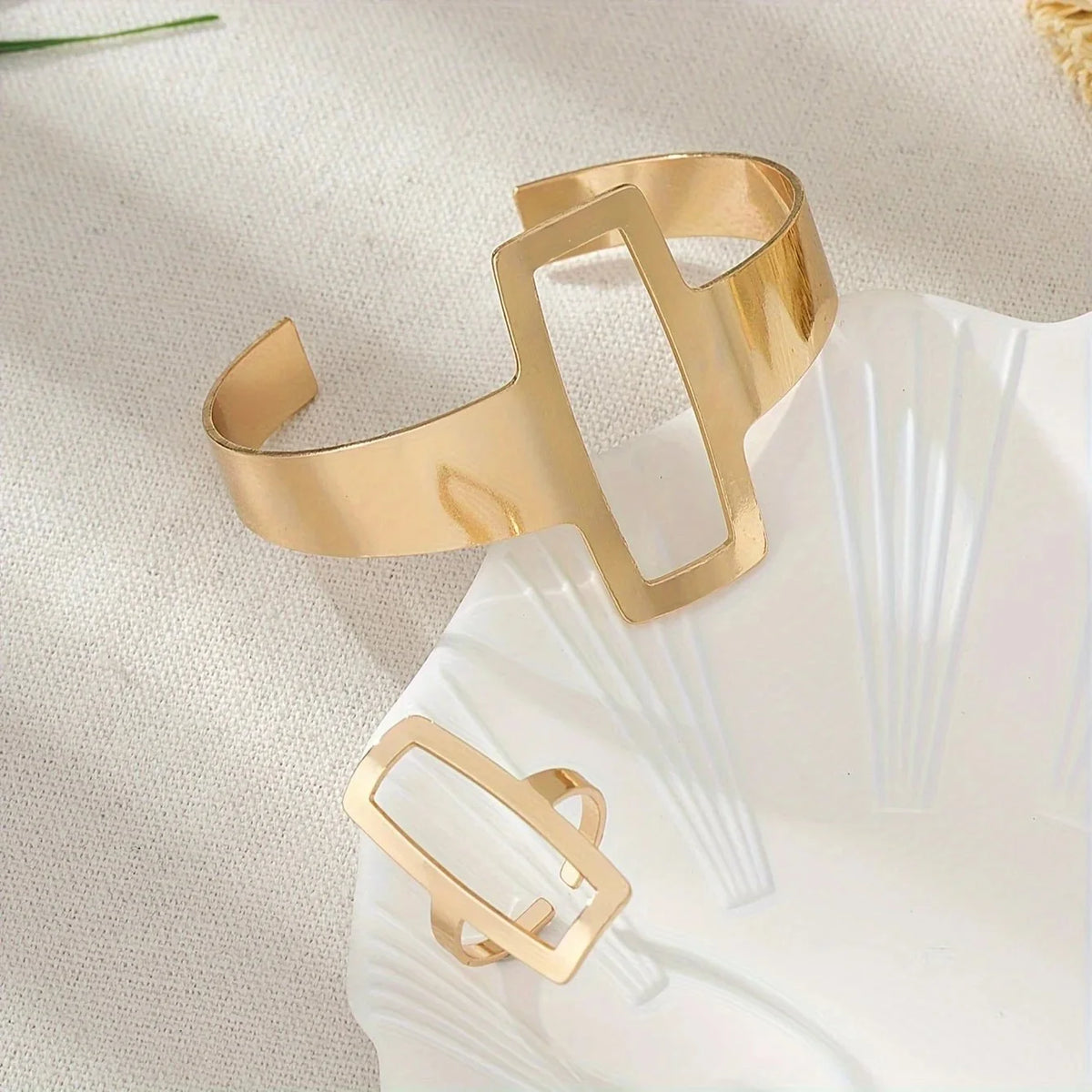 Set ajustable geométrico de pulsera y anillo rectangular