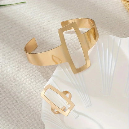 Set ajustable geométrico de pulsera y anillo rectangular