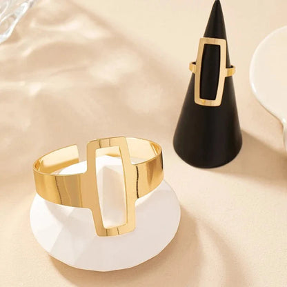 Set ajustable geométrico de pulsera y anillo rectangular