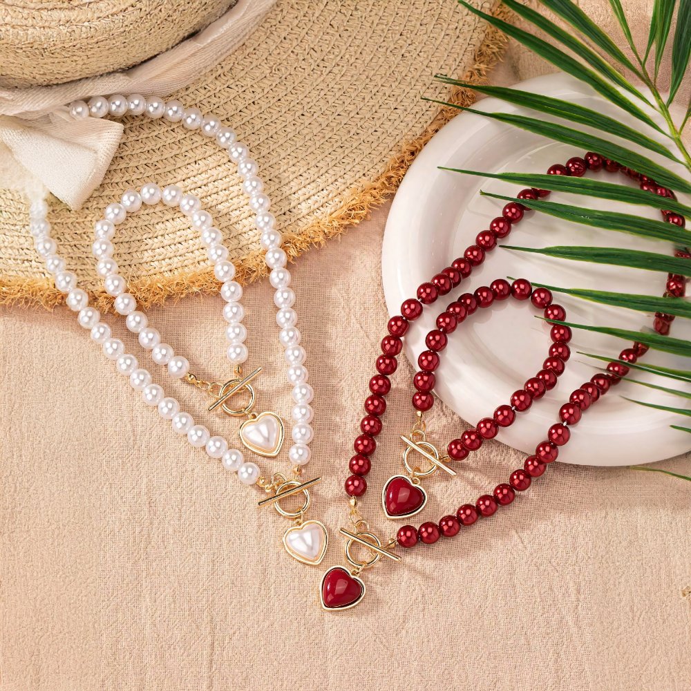 Set de 2 piezas de cuentas con corazón: pulsera y collar