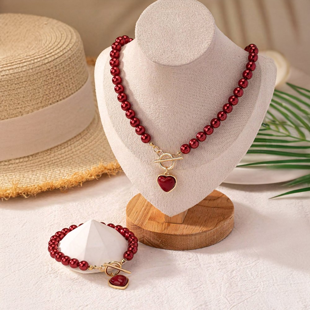 Set de 2 piezas de cuentas con corazón: pulsera y collar