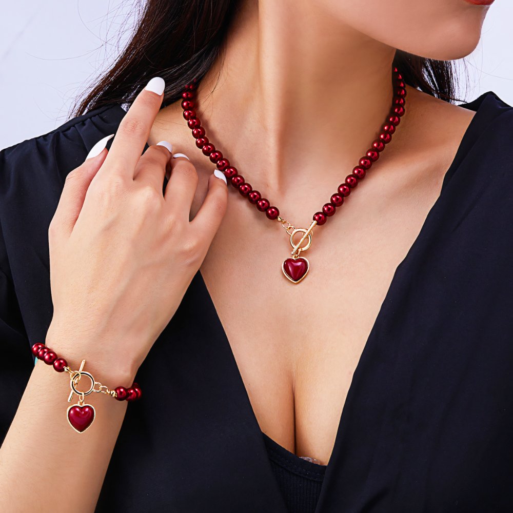 Set de 2 piezas de cuentas con corazón: pulsera y collar