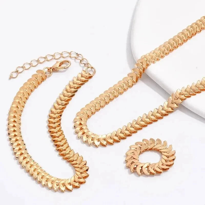 Set elegante de espiga: collar, pulsera y anillo