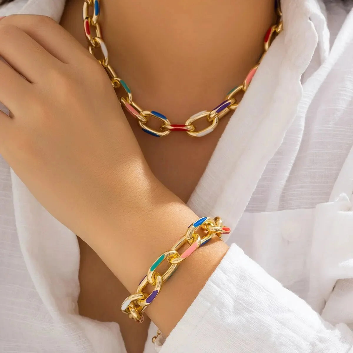 Set de pulsera y collar de cadena colorida
