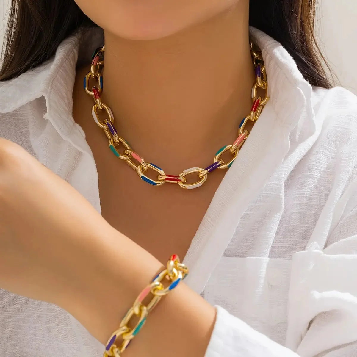 Set de pulsera y collar de cadena colorida
