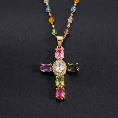 Collar Delicado de Cruz con Gemas de Colores