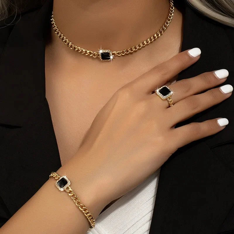 Set cubano con diamante cuadrado: collar, pulsera y anillo