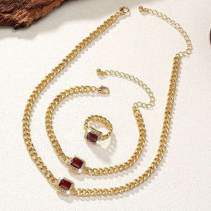 Set cubano con diamante cuadrado: collar, pulsera y anillo