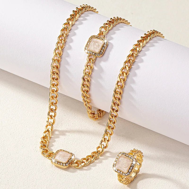 Set cubano con diamante cuadrado: collar, pulsera y anillo