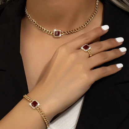 Set cubano con diamante cuadrado: collar, pulsera y anillo