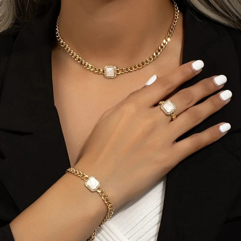 Set cubano con diamante cuadrado: collar, pulsera y anillo