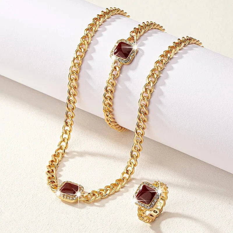 Set cubano con diamante cuadrado: collar, pulsera y anillo