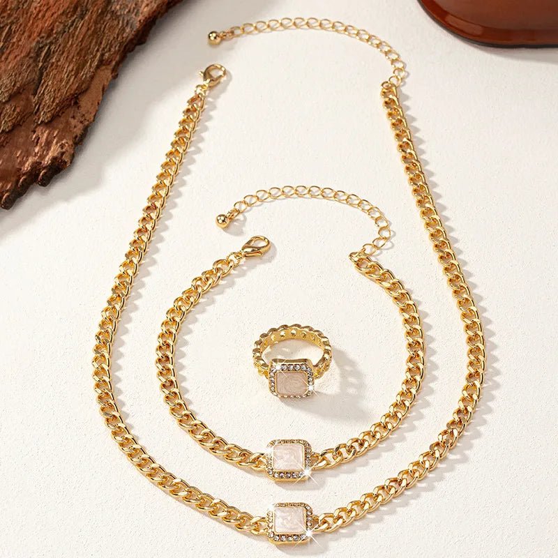 Set cubano con diamante cuadrado: collar, pulsera y anillo