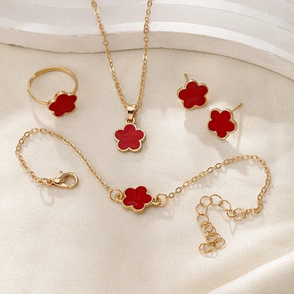 Set delicado de trébol floral de la suerte: collar, pulsera, aretes y anillos