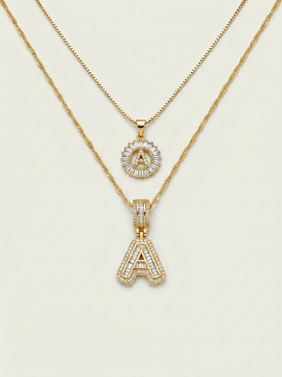 Set de 2 Collares 14K con Inicial y Brillo