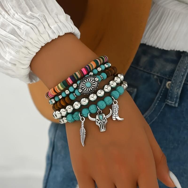 Set de 5 pulseras bohemias de turquesa apilables