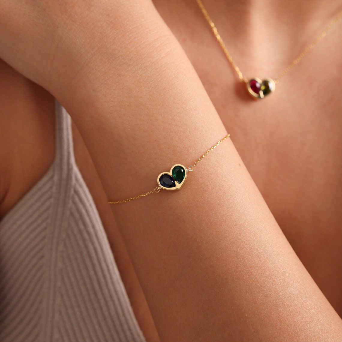 Set Corazones Unidos para Siempre con piedra de nacimiento: collar y pulsera