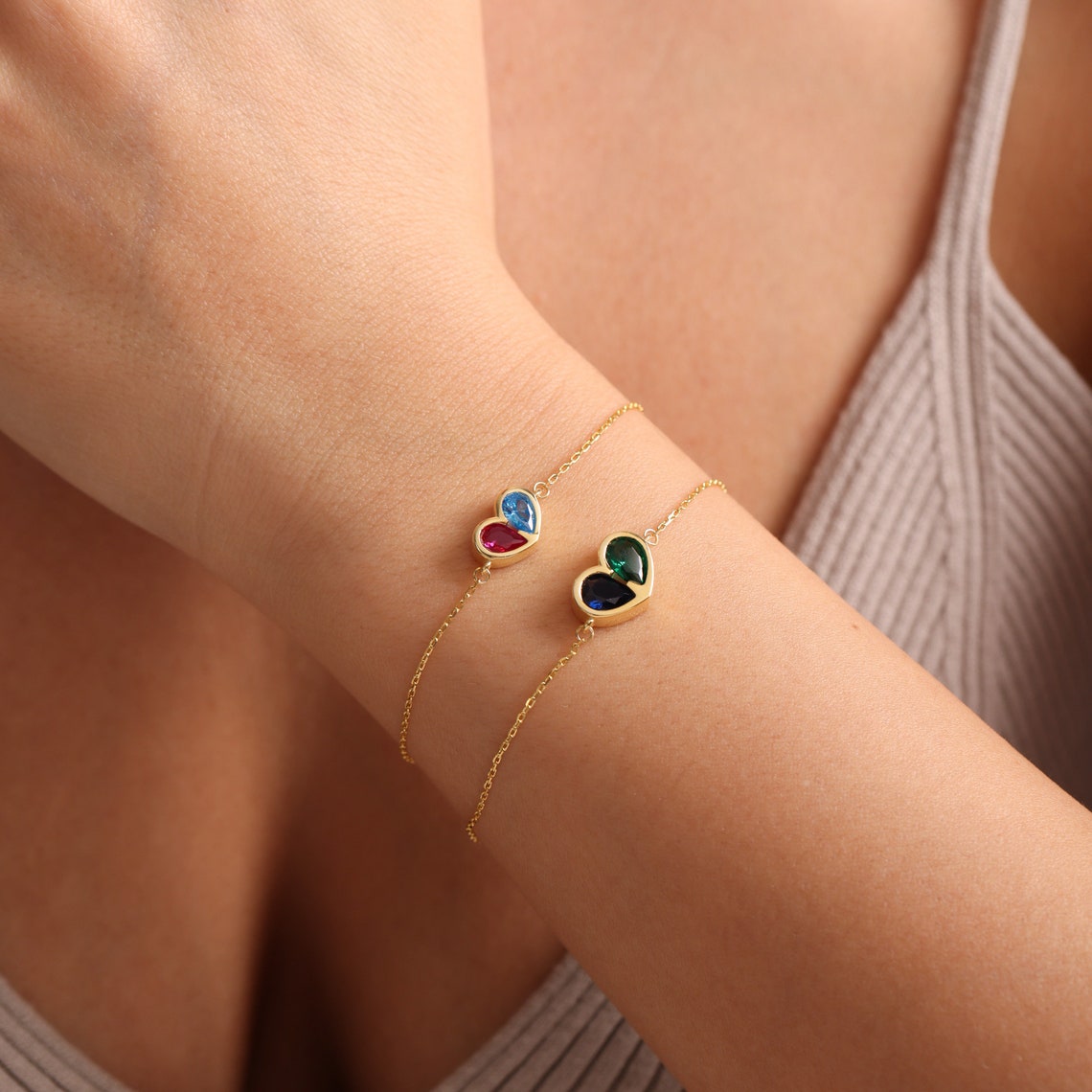 Set Corazones Unidos para Siempre con piedra de nacimiento: collar y pulsera