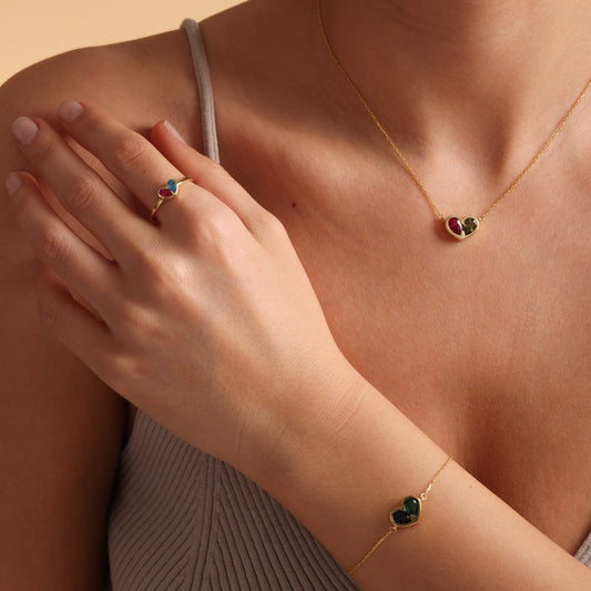 Set Corazones Unidos para Siempre con piedra de nacimiento: collar y pulsera