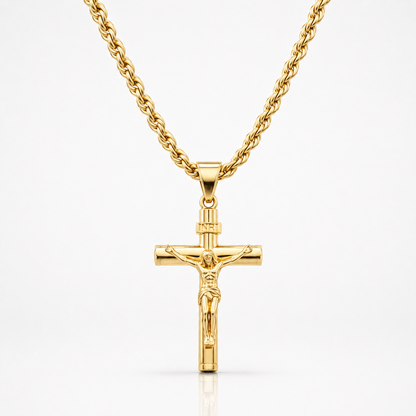 Cadena Doble Figaro y Crucifijo de Oro 14K